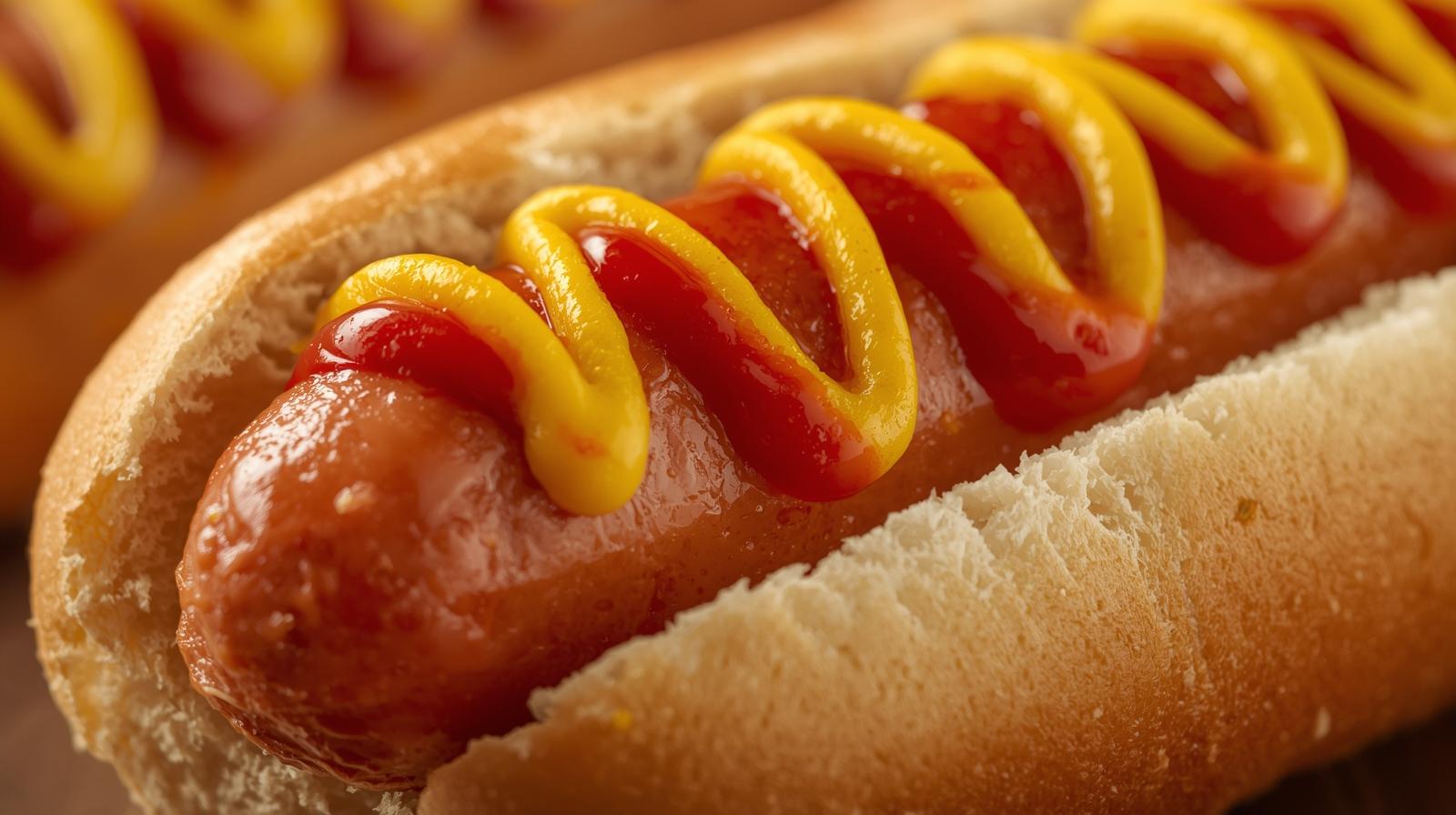 leckere hotdog mit senf und ketchup, nahaufnahme